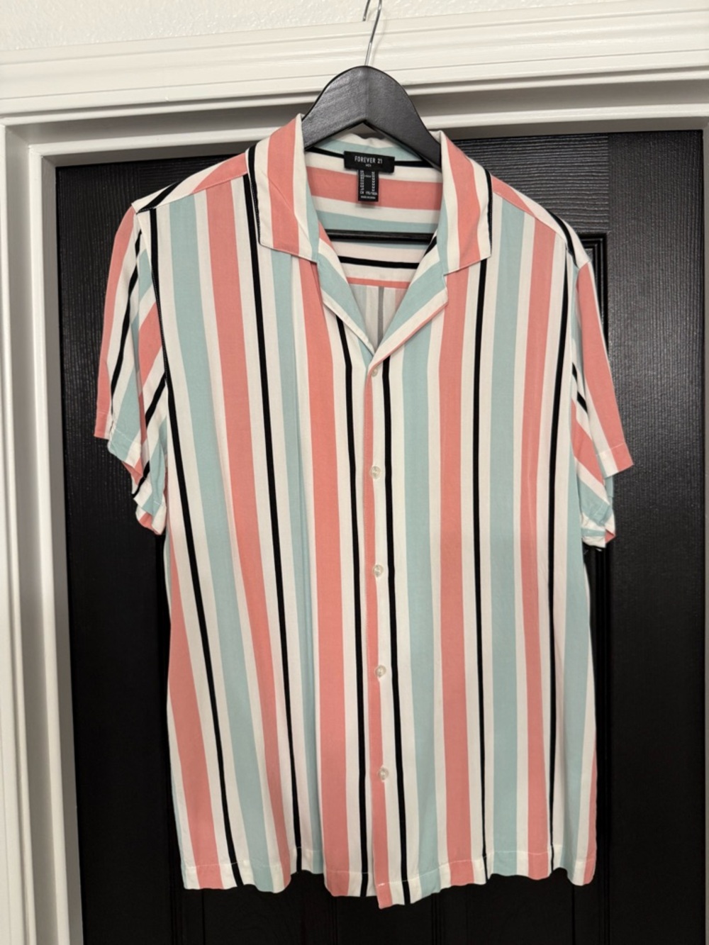 Forever 21 Men's Short Sleeve Vertical Stripe Shirt - Coral, Mint & Black